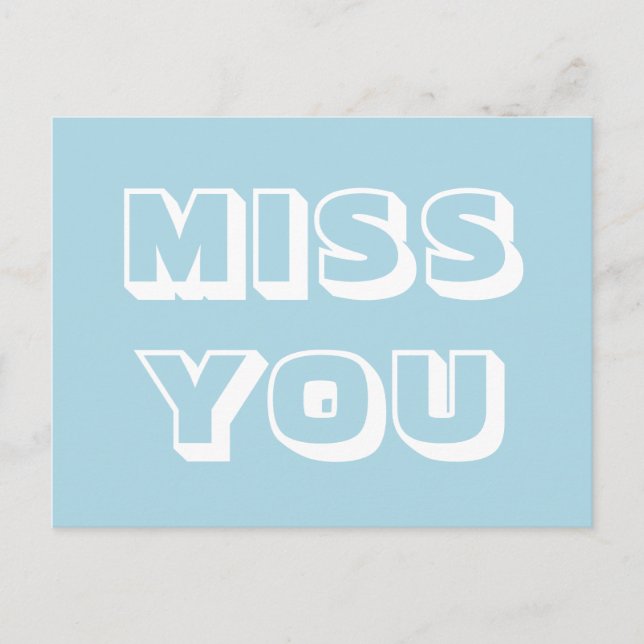 Postal Miss You, azul claro blanco moderno negrita (Anverso)