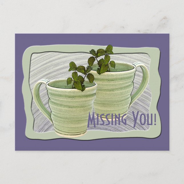 Postal Miss You Two Green Mugs Mint Sprigs Photo Personal (Anverso)