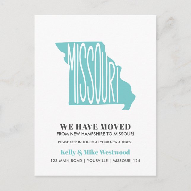 Postal MISSOURI Hemos movido la nueva dirección Nueva pág (Anverso)