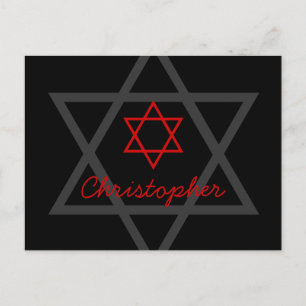 Postal Mitzvah Bar negro y rojo Gracias