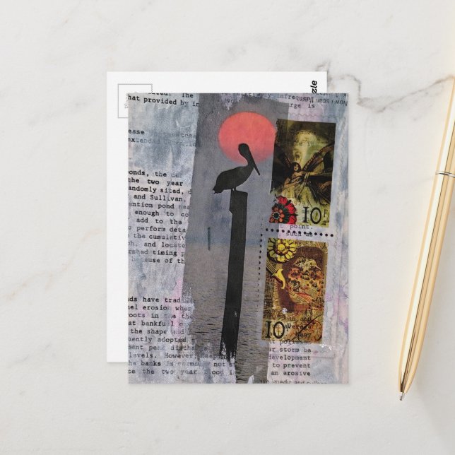Postal mixed media collage with a pelican (Anverso/Reverso In Situ)