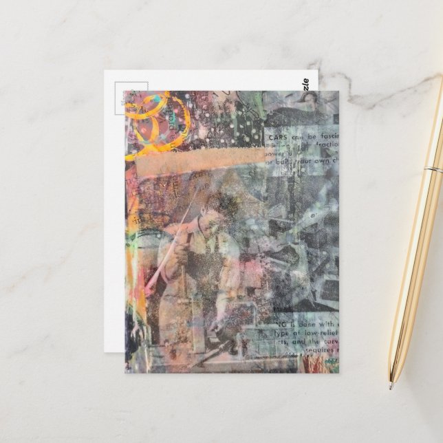 Postal Mixed Media Retro Woodworking Collage (Anverso/Reverso In Situ)