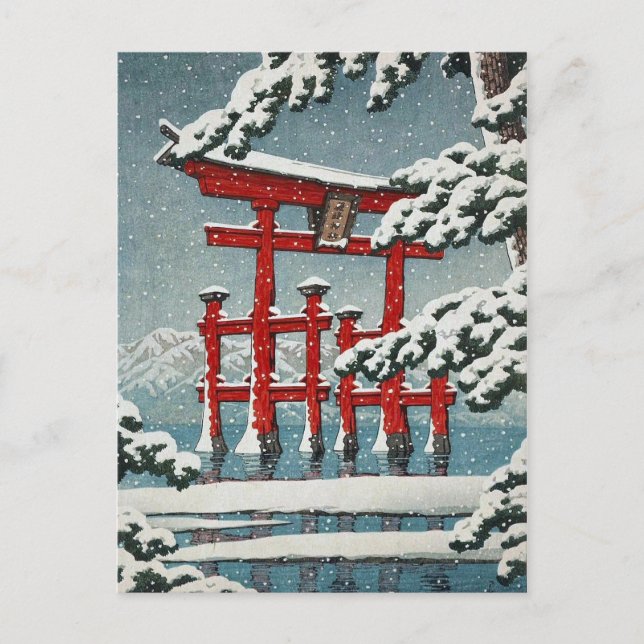 Postal Miyajima en la nieve Hasui Kawase shin hanga art (Anverso)