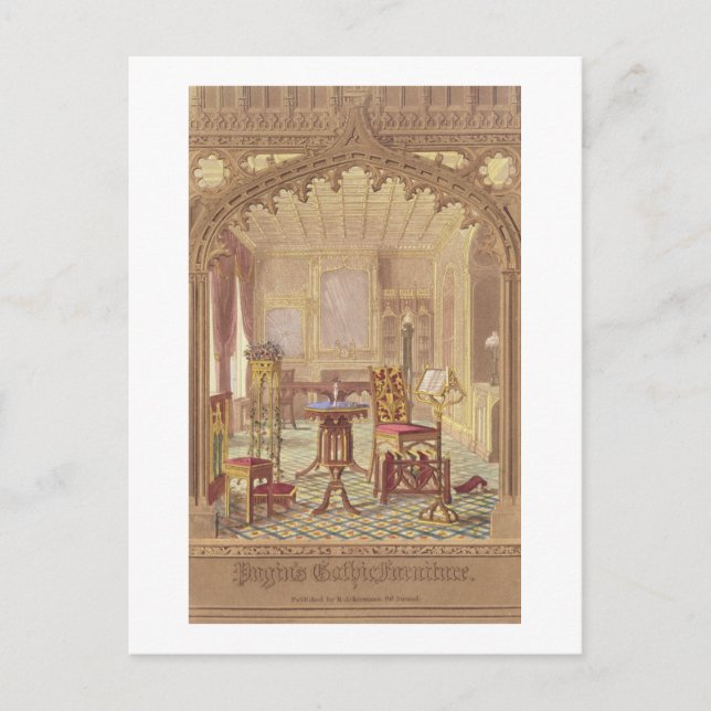 Postal Mobiliario gótico de Pugin, por Augustus Charles P (Anverso)