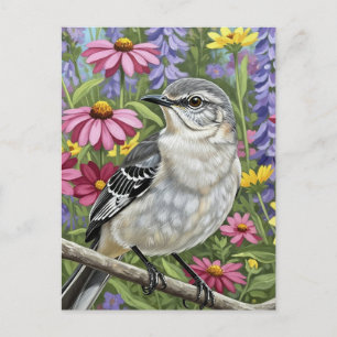 Postal Mockingbird del norte con flores