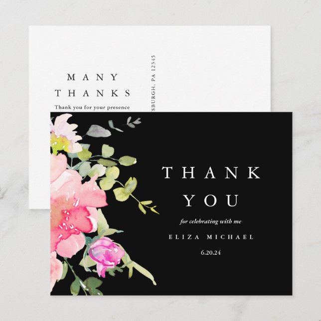 Postal Moda acuarela Floral Baby Shower Gracias Negro (Anverso / Reverso)