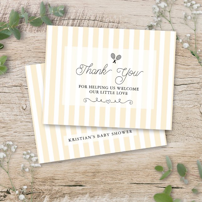 Postal Moda Amarillo rayado Tenis Preppy Gracias Cartas (chic preppy yellow and white striped baby shower flat thank you cards for elegant upscale events)
