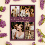 Postal Moda Amor Borgoña y Gracias Boda Gracias<br><div class="desc">Elegante, Minimalista Borgoña y Boda Gold Script 5 Collage de fotos Gracias Postcard. Moderno boda de agradecimiento plantilla de tarjeta con cinco (5) fotos en la parte delantera y una (1) foto en la parte posterior. Con el texto "Amor y agradecimiento" en una letra de escritura tipográfica con letras a...</div>