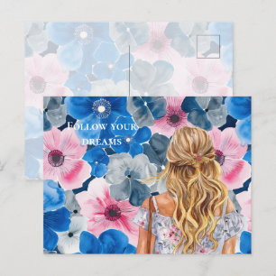 Postal Moda Azul rosa verano Chica de rubia floral