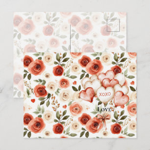 Postal Moda Azul Rosa Verano Floral Chica de pelo rojo