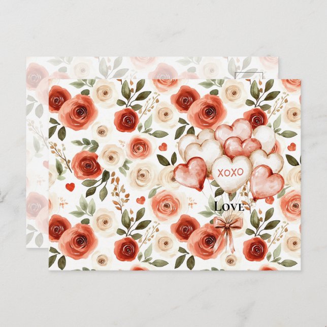 Postal Moda Azul Rosa Verano Floral Chica de pelo rojo (Anverso / Reverso)