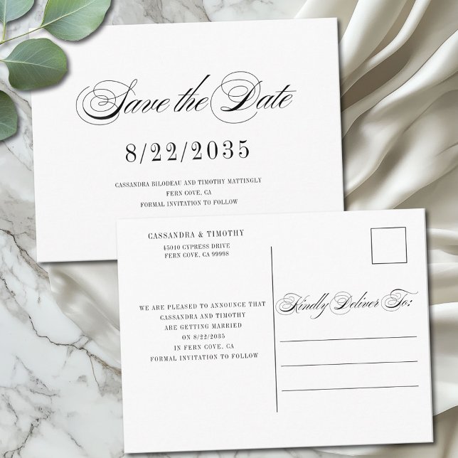 Postal Moda Black Script Wedding Save the Date (Elegant minimal Save the Date postcard with customizable return address and message on the back)