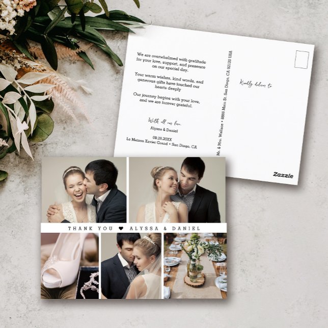 Postal Moda blanca negra Boda Collage de fotos moda (Modern Wedding Photo collage, simple thank you postcard template.)