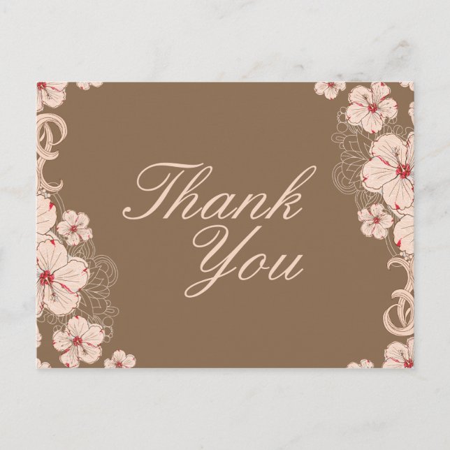 Postal Moda boda de flores de hibisco marrón rosa gracias (Anverso)