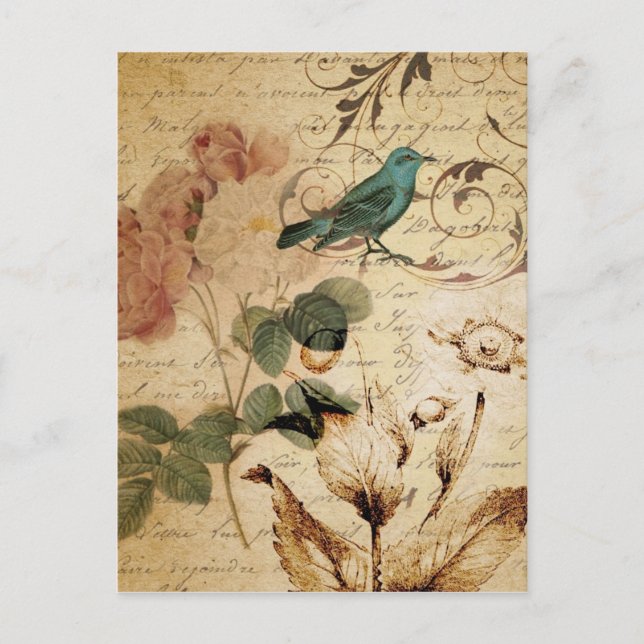 Postal Moda bohemia Paris Scripts pájaro botánico francés (Anverso)