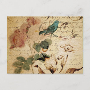 Postal Moda bohemia Paris Scripts pájaro botánico francés