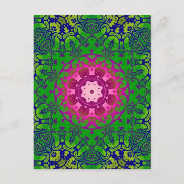 Postal Moda Boho kaleidoscopio Yoga Fuschia mandala verde (Anverso)