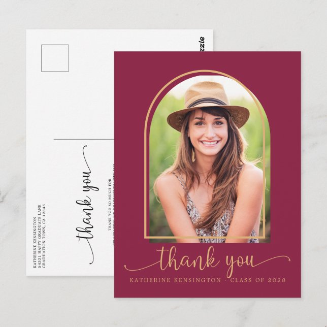 Postal Moda Burgundy Gold Photo Graduation Gracias (Anverso / Reverso)