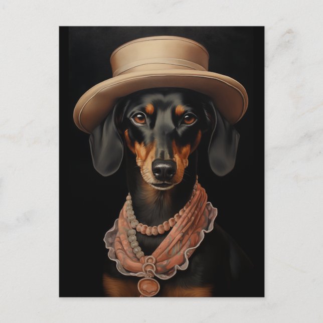 Postal Moda Dachshund Con Gorra Crema (Anverso)