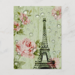 Postal moda de campo menta rosa parís floral torre eiffel
