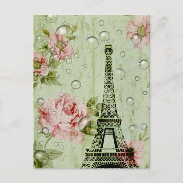 Postal moda de campo menta rosa parís floral torre eiffel (Anverso)