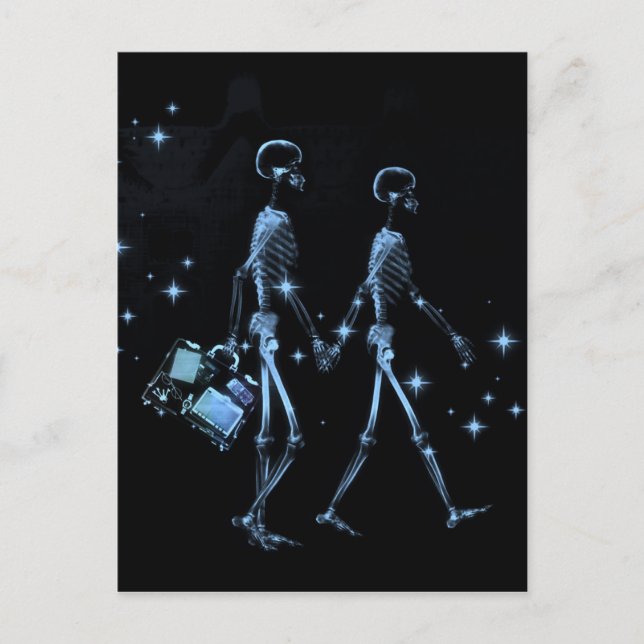 Postal Moda de miel X-Ray Skeleton Newlyweds - Azul (Anverso)