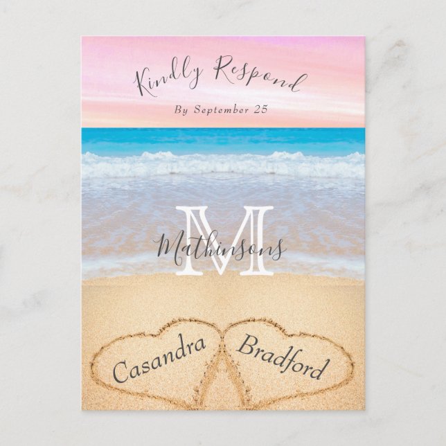 Postal Moda Dusty Blue Hearts Sand Beach Wedding RSVP (Anverso)