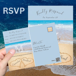 Postal Moda Dusty Blue Hearts Sand Beach Wedding RSVP