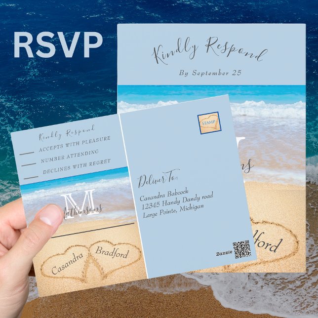 Postal Moda Dusty Blue Hearts Sand Beach Wedding RSVP (Subido por el creador)
