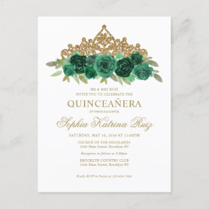 Postal Moda Floral Esmeralda Verde Oro Tiara Quinceañera