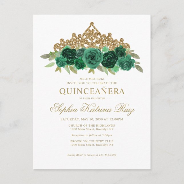 Postal Moda Floral Esmeralda Verde Oro Tiara Quinceañera (Anverso)