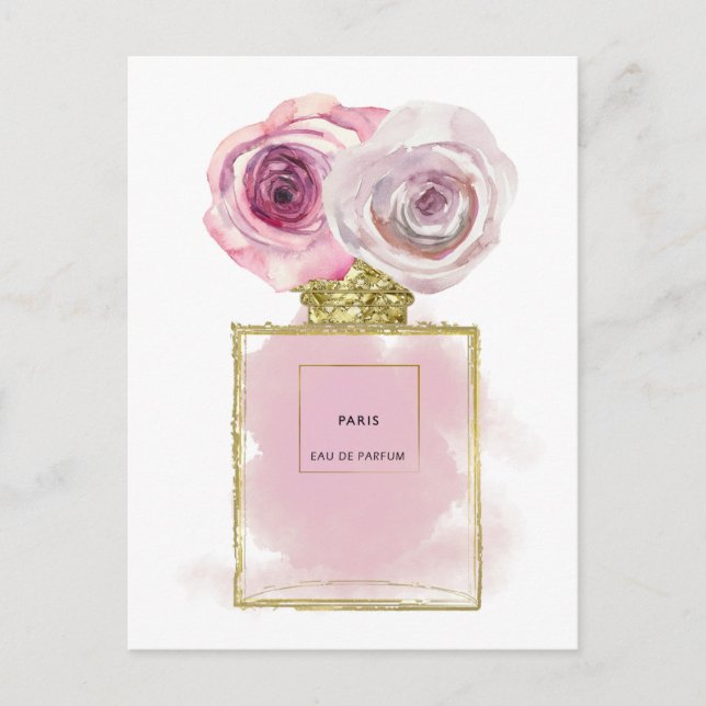 Postal Moda Floral Perfume Botella Roses rosados Glam de  (Anverso)