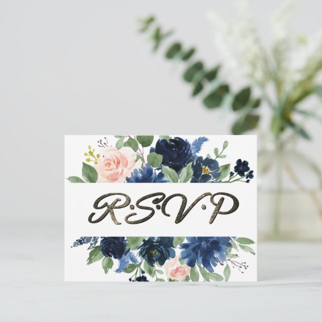 Postal Moda florece | Respuesta rosa azul marino y Rubor (Anverso de pie)