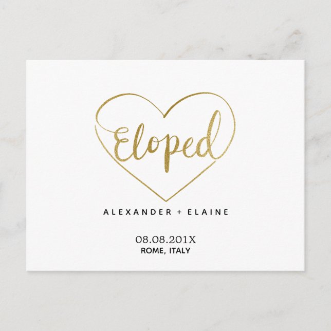 Postal Moda  moderna Boda de Elopement Gold Heart (Anverso)