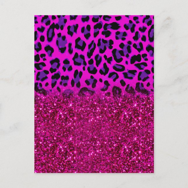 Postal Moda moderna rosa morado Purpurina leopardo (Anverso)