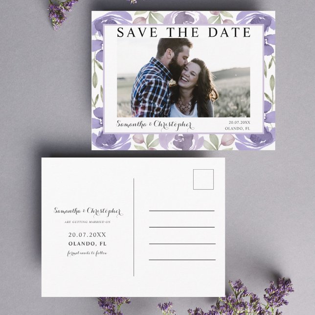 Postal Moda Morado acuarela Floral Guardar la fecha (Subido por el creador)