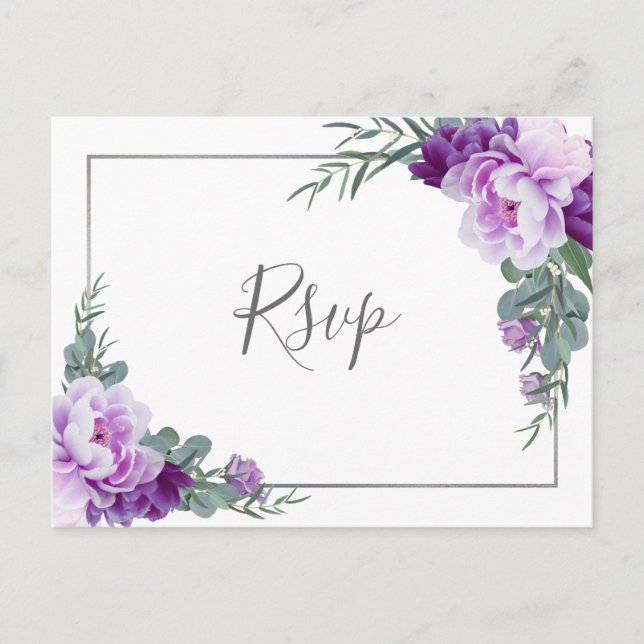 Postal Moda Morado Plata Floral Eucalipto Boda RSVP (Anverso)