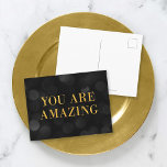Postal Moda Oscura Bokeh Luces Faux Gold Eres Increíble<br><div class="desc">Postal motivacional de moda con las palabras "Eres asombroso" en falso Relieve metalizado de oro contra un oscuro fondo de patrón de luces de bokeh. Para agregar texto a la tarjeta, haga clic en el botón "Personalizar". *Tenga en cuenta que la marca de agua Zazzle que aparece en la vista...</div>