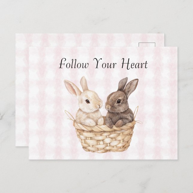 Postal Moda Pink Plaid Stripes Bunnies en una canasta Pas (Anverso / Reverso)