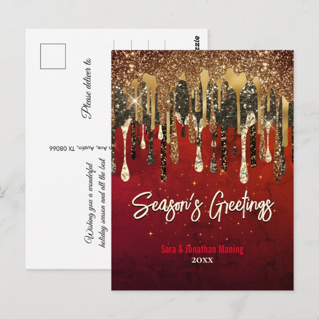 Postal Moda purpurina de oro rojo gotea Navidades año nue (Anverso / Reverso)