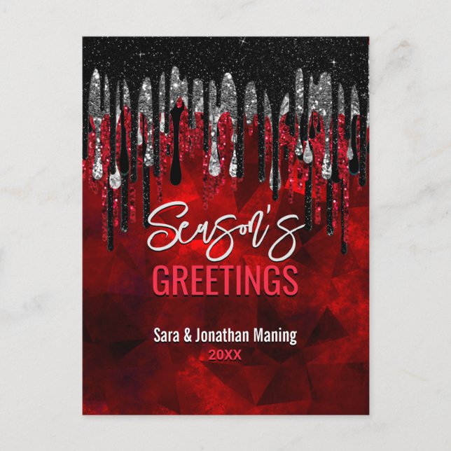 Postal Moda purpurina rojo negro gotea Navidades año nuev (Anverso)