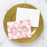 Postal Moda Rosa Bokeh Luces Faux Silver Eres Increíble<br><div class="desc">Postal motivacional de moda con las palabras "Eres asombroso" en falso Relieve metalizado plateado contra el fondo de un patrón de luces rosadas de bokeh. Para agregar texto a la tarjeta, haga clic en el botón "Personalizar". *Tenga en cuenta que la marca de agua Zazzle que aparece en la vista...</div>