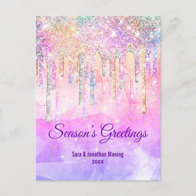 Postal Moda rosada morada goteo purpurina año nuevo Navid (Anverso)