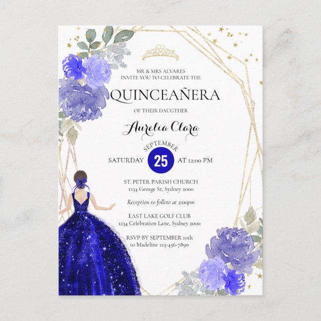 Postal Moda Royal Floral Geométrica Quinceañera Invit (Anverso)