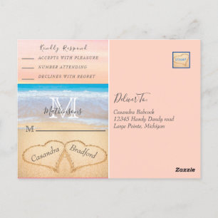 Postal Moda Rubor Corazones rosas Sand Beach Wedding RSVP