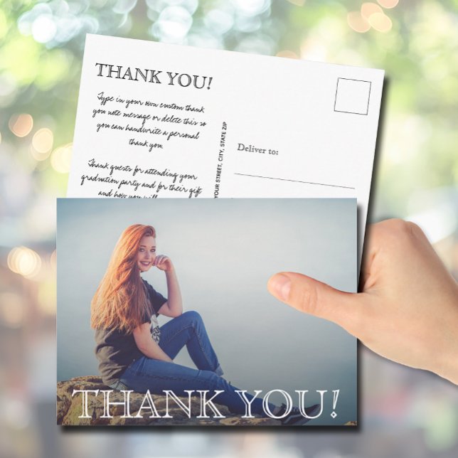 Postal Moda Script Graduación Foto Gracias (Graduation photo thank you postcards)