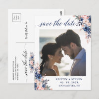 Moda Script Navy Peach Floral Photo Save the Date