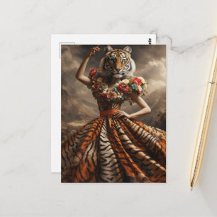 Postal Moda Surrealista Dama Tigre con Vestido