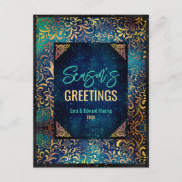 Postal Moda turquesa floral purpurinas Navidades año nuev