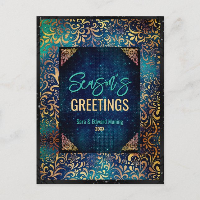 Postal Moda turquesa floral purpurinas Navidades año nuev (Anverso)